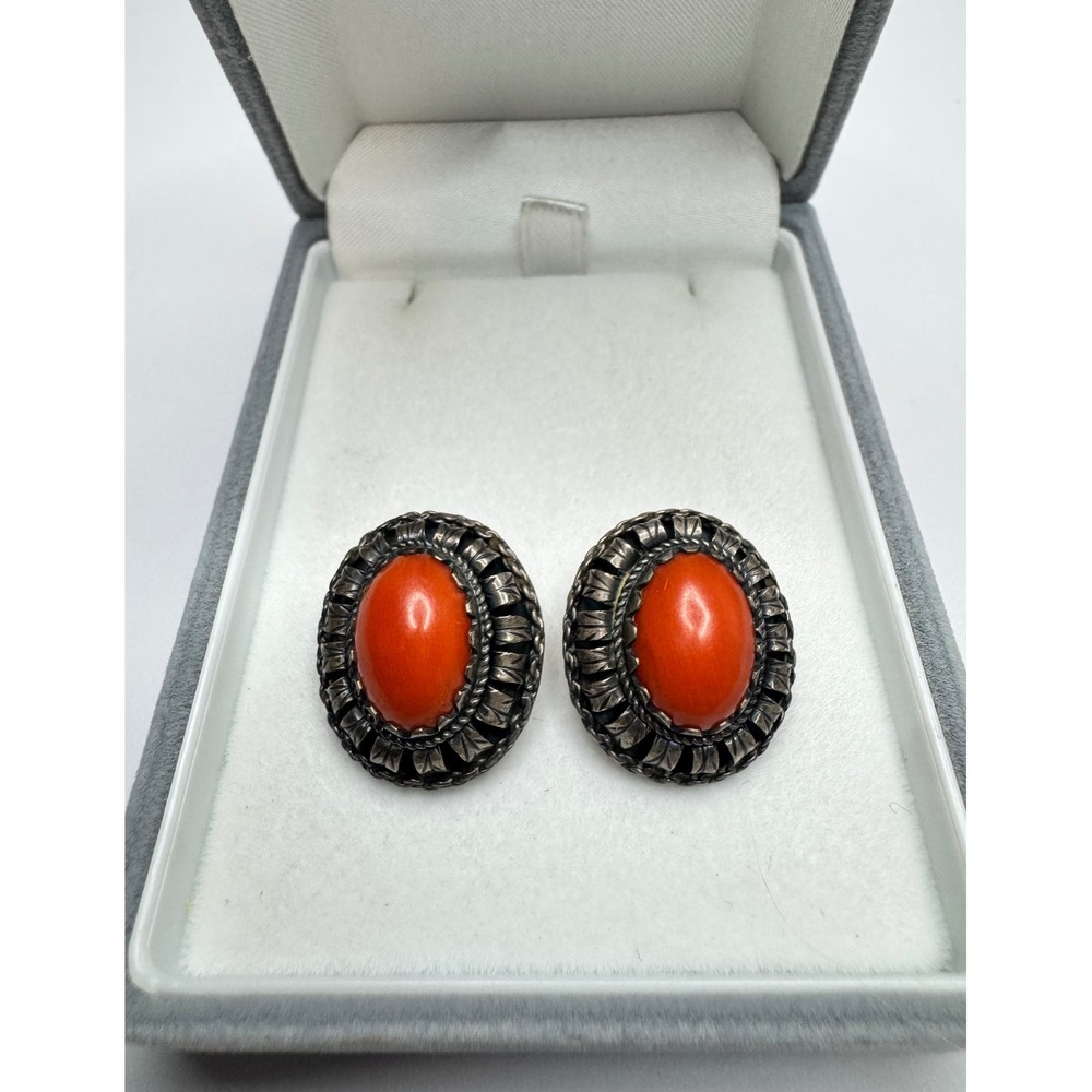 Vintage 800 Silver Coral Cabochon Clip-On Earrings Ornate Estate Jewelry